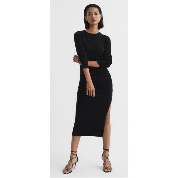 REISS Charley Ruched Midi Dress, Wool/Cashmere Blend, Black, Sz XS - Picture 3 of 14